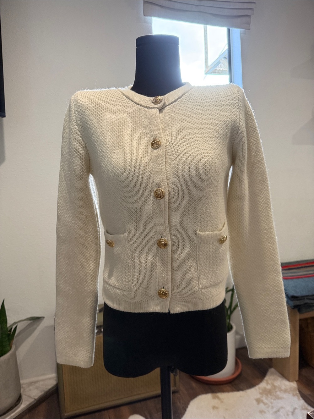 Zara Cream Knit Button-Front Cardigan with Gold Buttons